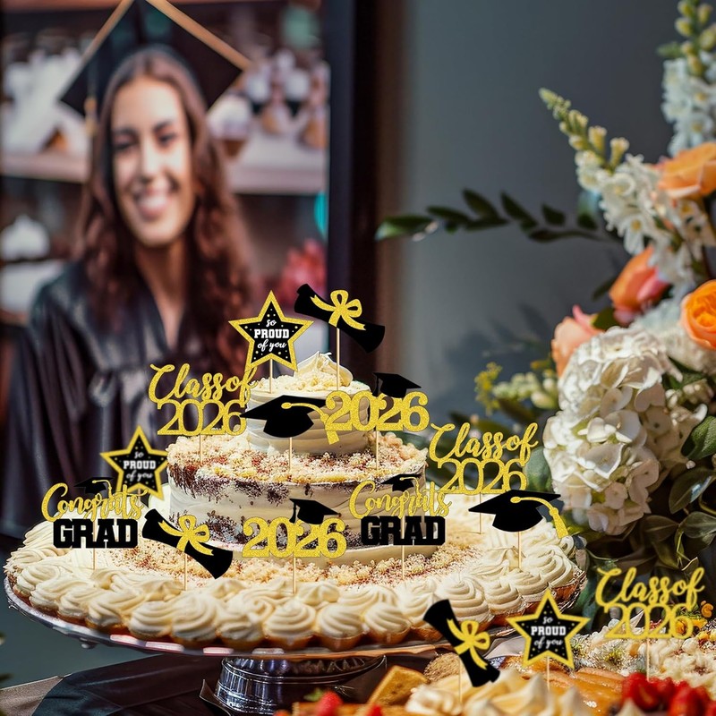 48 PCS Graduation Cupcake Toppers, 6 Styles Congrats Grad Cake Topper, Black and gallery