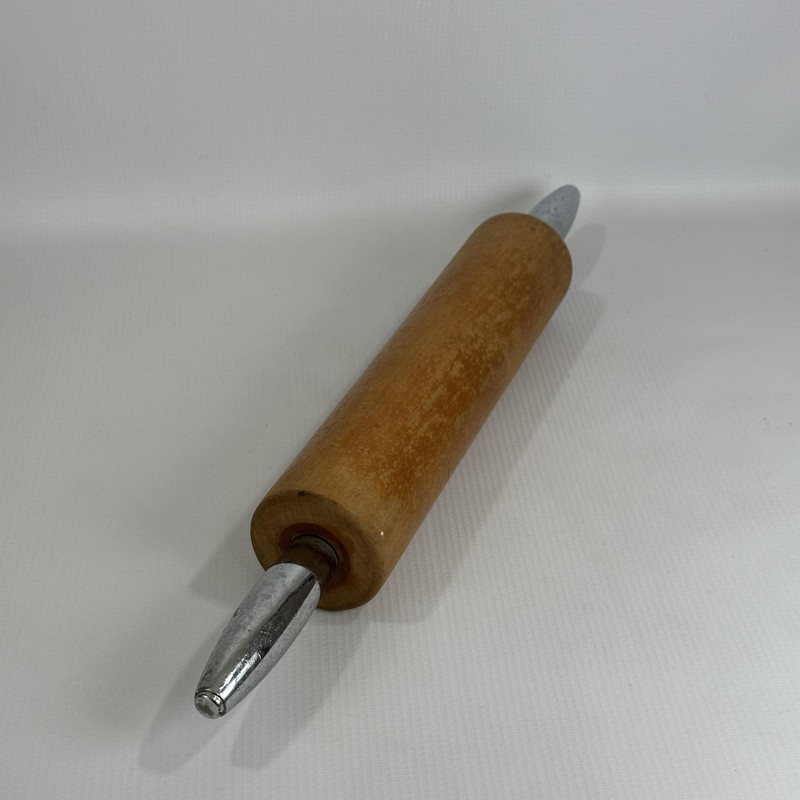Wood Rolling Pin Metal Handles Brown Kitchen Baking Pastry Dough Farmhouse Decor