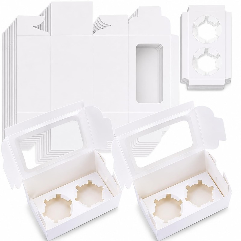 50 PCS White Paper Cupcake Boxes Window 2 Holder 6.3×3.5×3 In Muffin Carrier