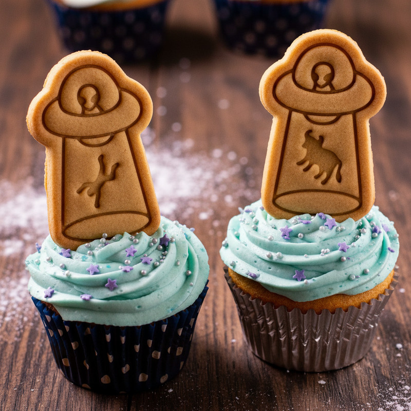 Alien Abduction Mini Cookie Cutter + Stamp Set – UFO Abducts Cow & Man Designs gallery