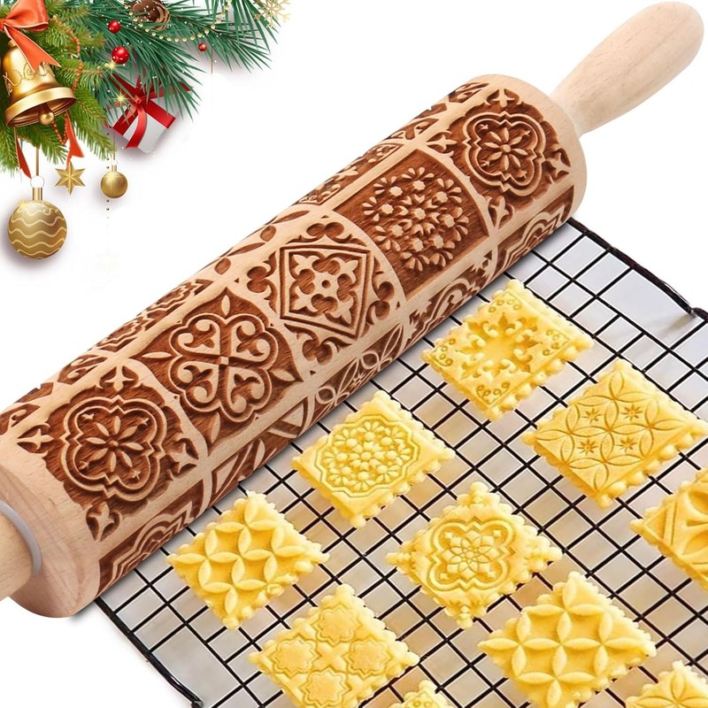 Christmas Embossed Rolling Pin for Baking Cookies Embossing Rolling Pins with De