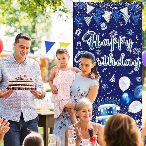 3x6ft Blue Silver Birthday Door Banner Navy Blue Glitter Sequin Happy gallery