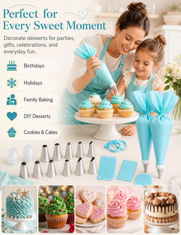 Piping Bags and Tips Set, Reusable Cake Decorating Supplies with 2 Reusable B... gallery