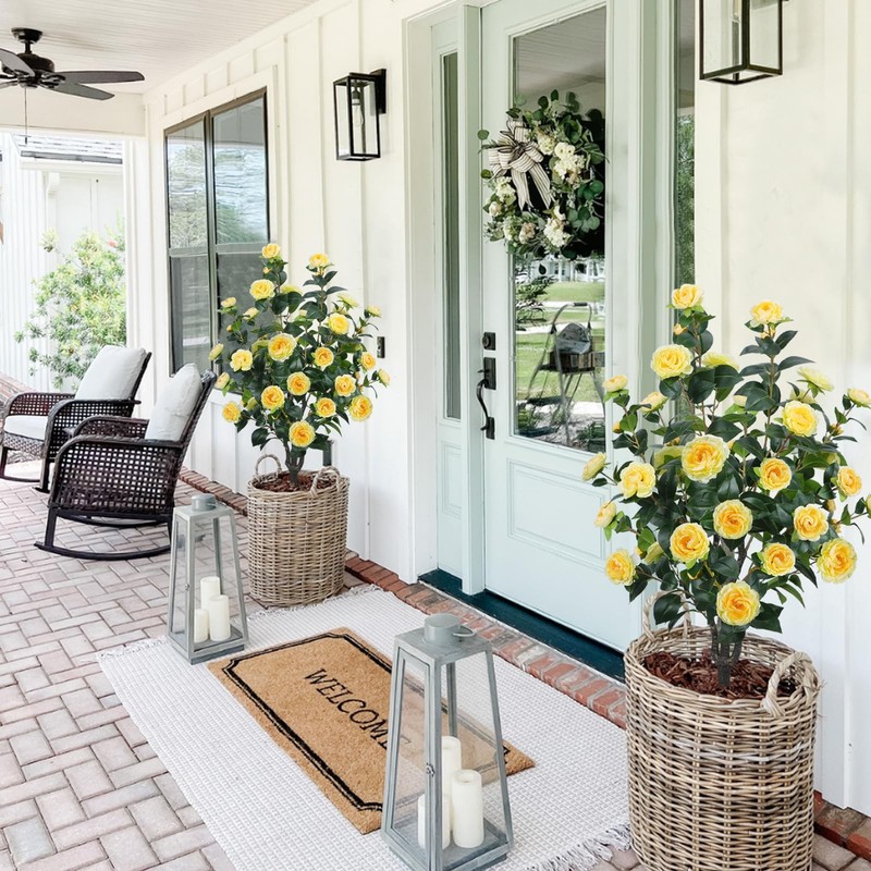 Mhmjon 3.6Ft Artificial Camellia Fake Tree Artificial 32 Yellow For Door Front gallery
