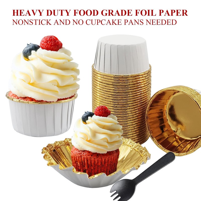 Jumbo Cupcake Cups with Lids 50-Pack 5.5 oz Foil White-Gold for Baking gallery
