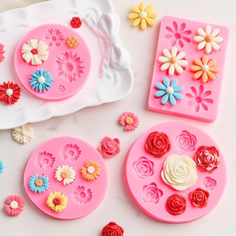 4 Pcs Flower Silicone Fondant Molds, Daisy Rose Flower Chocolate Candy Molds ... gallery