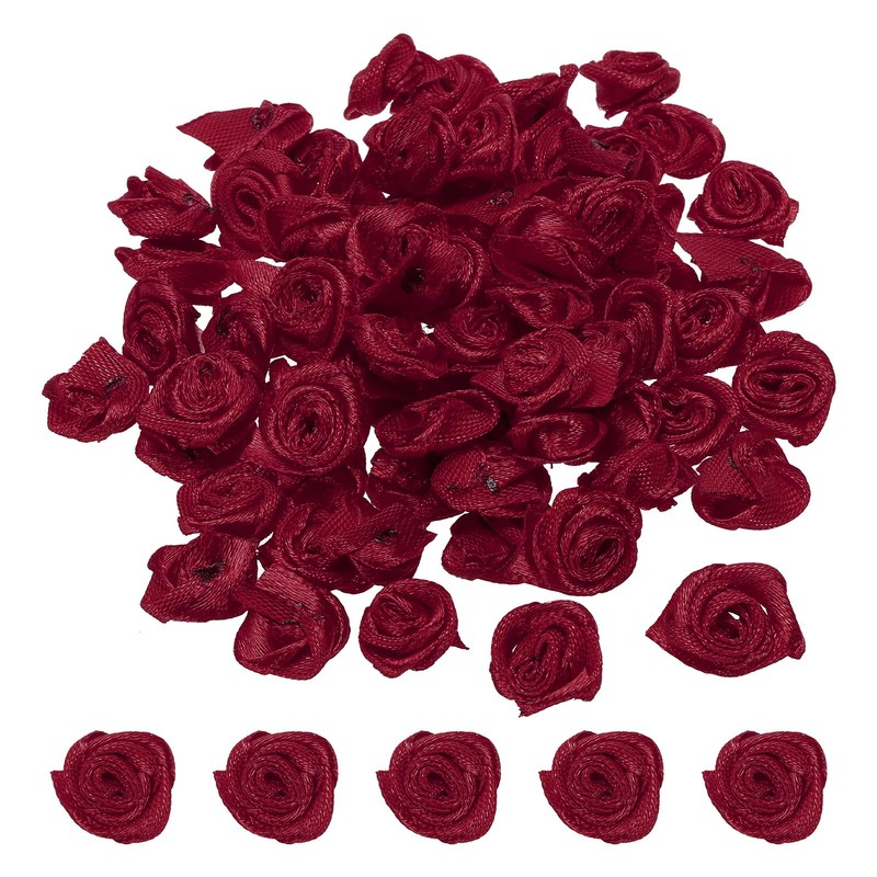 50Pcs Mini Satin Ribbon Roses Fabric Flowers Embellishments Rosettes Burgundy
