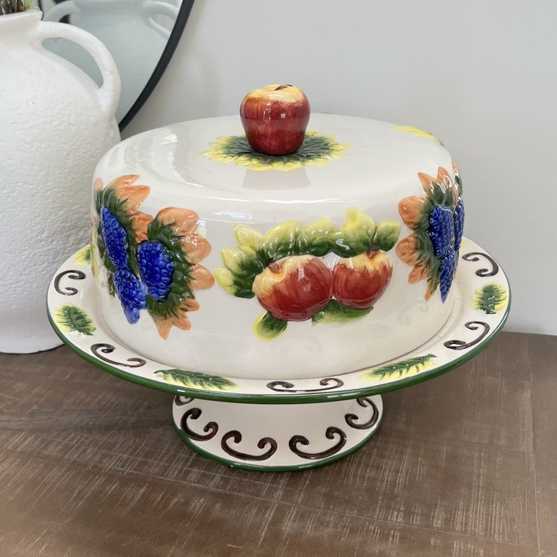 Ceramic Covered Pedestal Cake Stand w/ Lid, Round Floral Fruit, White