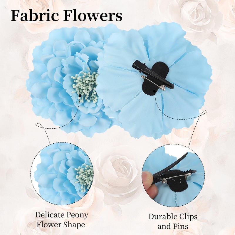 3 Pcs Peony Flowers Hair Clip, 4.7" Artificial Fabric Flower, Light Blue gallery