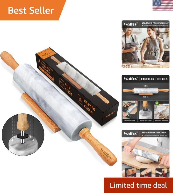 Marble Rolling Pin With Wooden Handles & Wood Cradle, 16.5 Inch Marble Rollin...