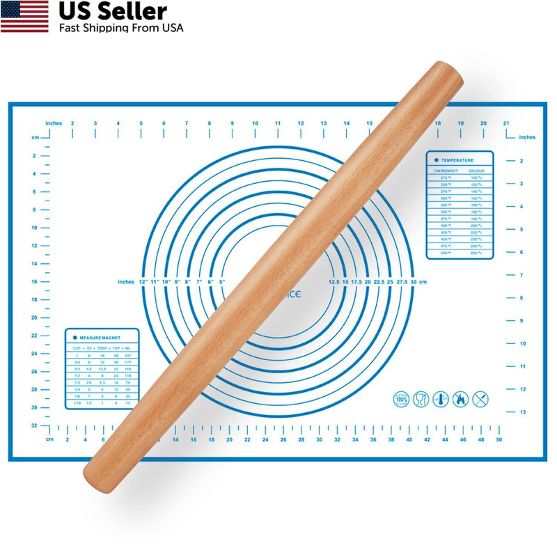 Wood French Rolling Pin for Baking, QUELLANCE Wooden Dough 16-inch, Blue