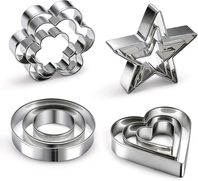 12 Pcs Professional Stainless Steel Cookie Cutters Set – Heart, Flower, Round, S