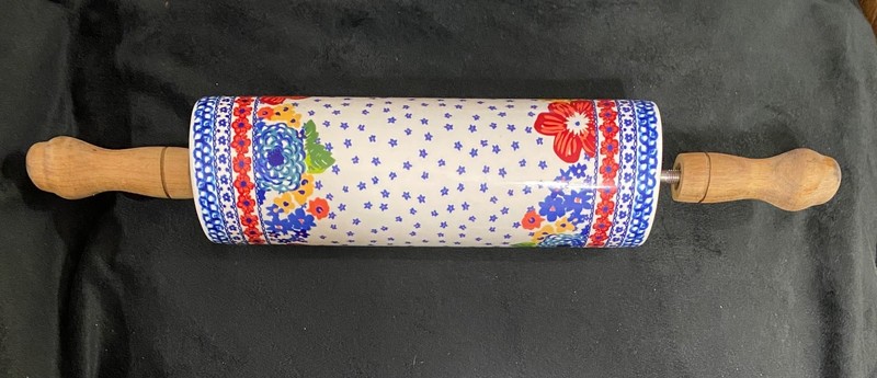 Pioneer Woman Ceramic Rolling Pin Dazzling Dahlias Retired Acacia Wood Handles