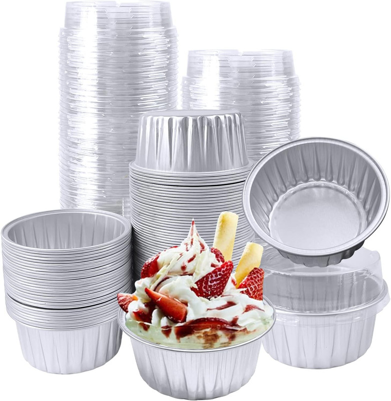 100Pcs Aluminum Cups with Lids,5Oz Disposable Ramekin Baking Cups Muffin Liners