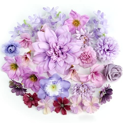 QUOZUO Artificial Flower Heads, Mini Silk Roses Peonies Daisy Floral Purple