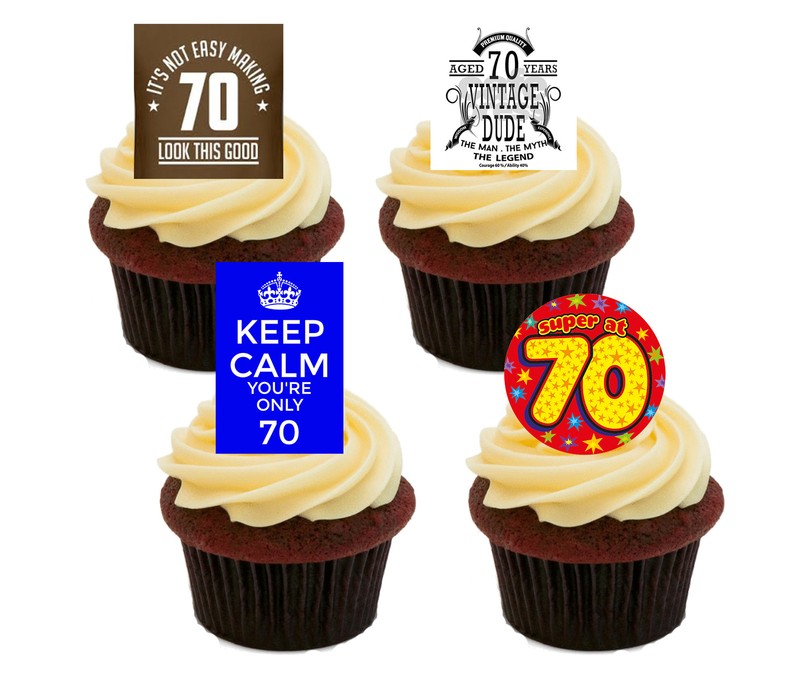 70th Birthday Male Funny Edible Cupcake Toppers, Standup Wafer Cake Decorations