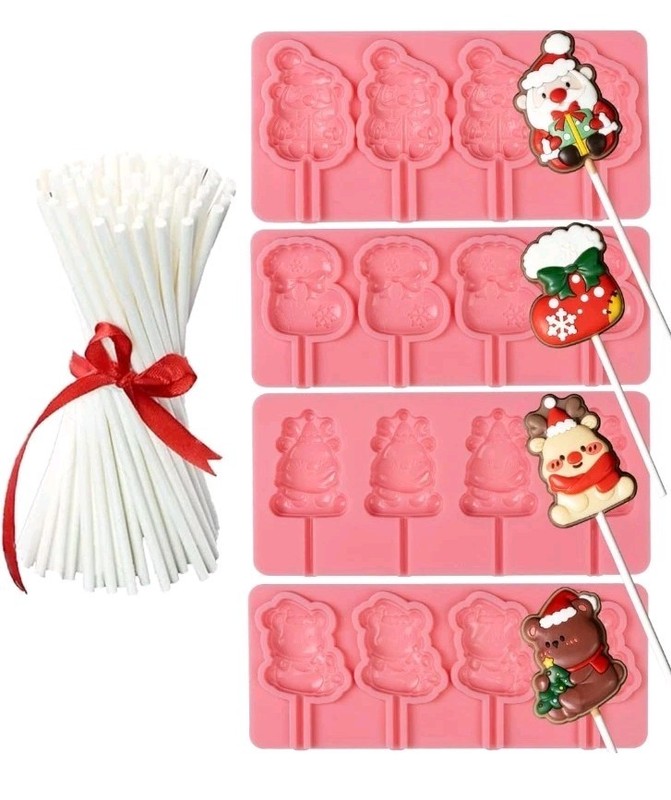 KALAIEN – 4 Pack Lollipop Molds Set Christmas Silicone Molds W/100 Pcs. Sticks