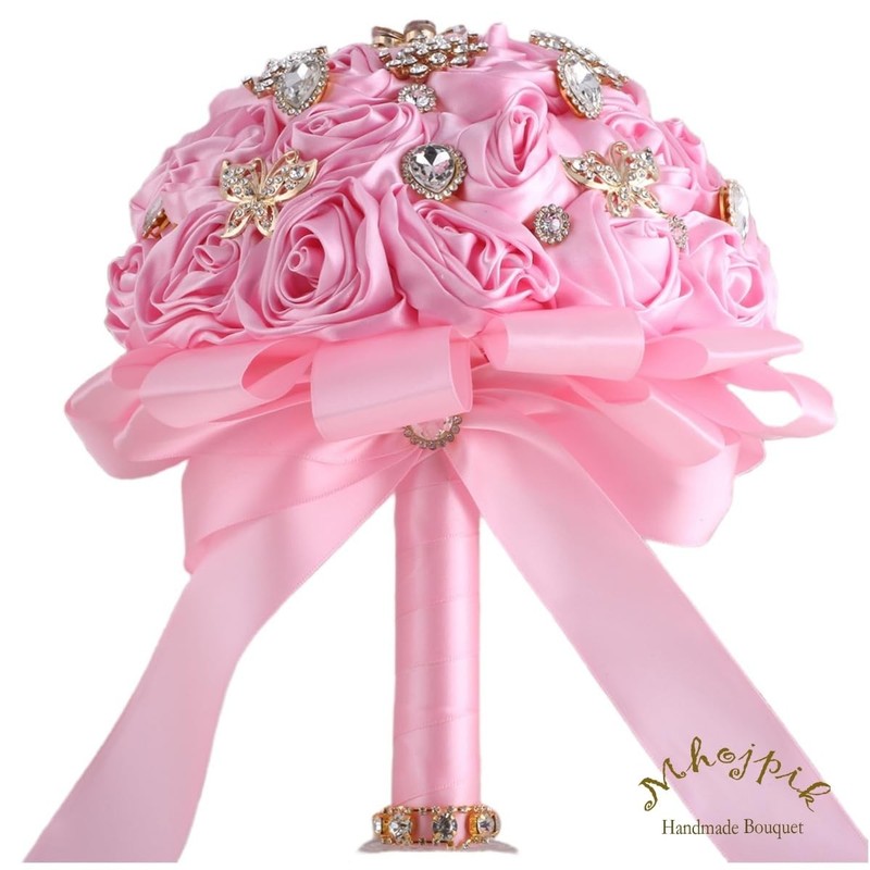 Mhojpik 7.5 Pink Bridal Wedding Bouquet Round Bling Brooch Bouquet Throw Toss gallery