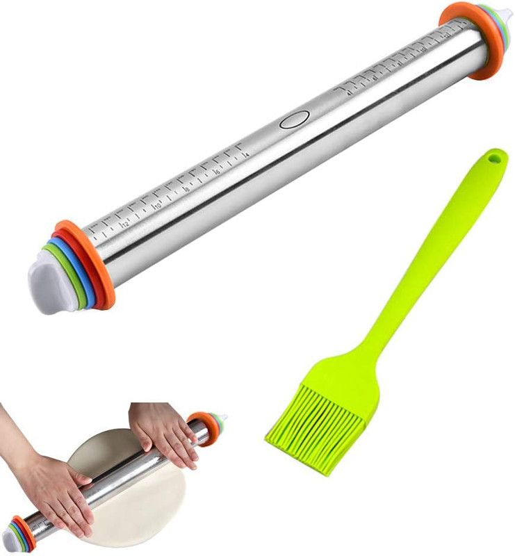 Rolling Pin, Adjustable Roller Pin with 4 Size Removable Thickness Rings + Oil
