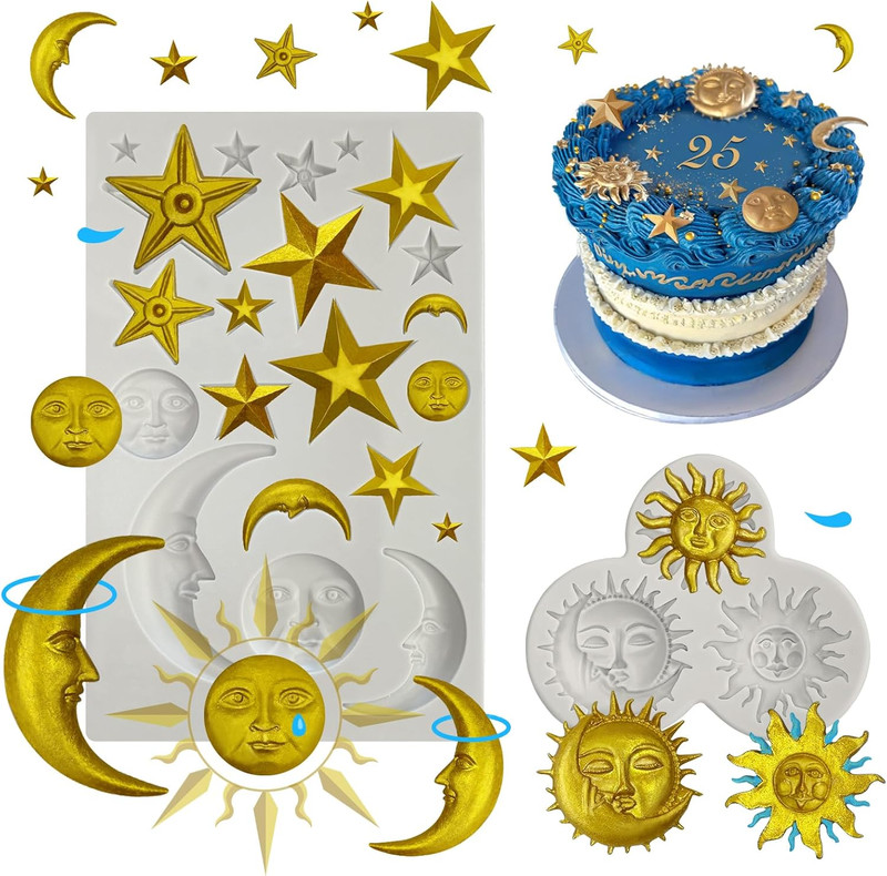 2 Pcs Sun Face Moon Star Silicone Molds Star Fondant Cake Molds Candy Polymer Cl gallery
