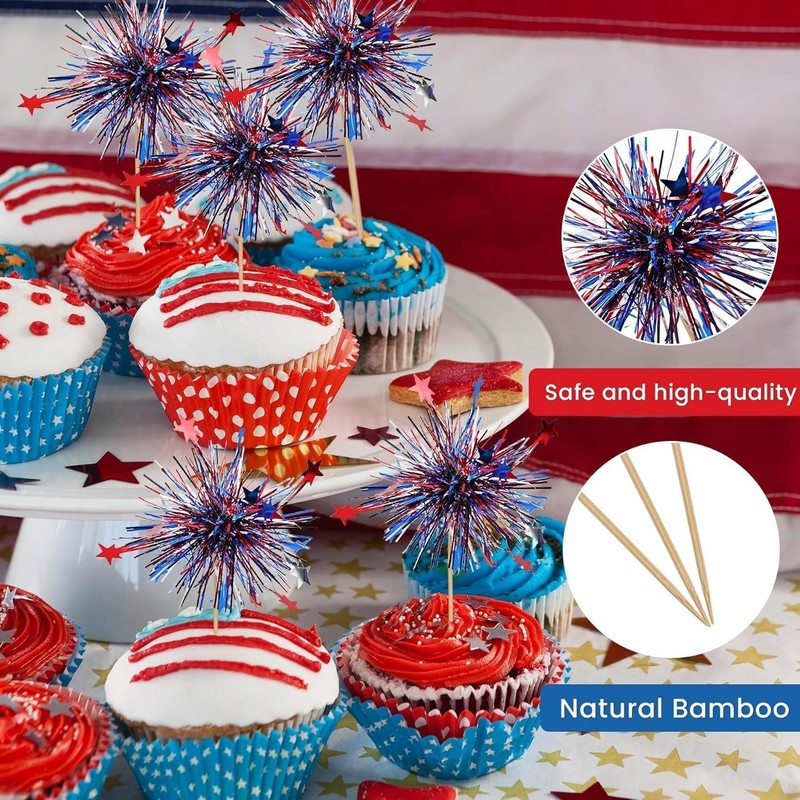 24Pcs American Patriotic Cupcake Toppers, 4th of July Foil Firework Cupcake gallery