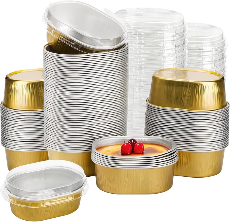 100 Pack Mini Aluminum Baking Cups with Lids, 2 FL OZ Disposable Ramekins Muffin