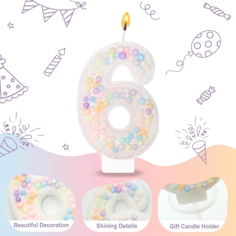Ceya Number 6 Birthday Candles with 12 Pcs Pastel Rainbow Spiral Sparkle gallery