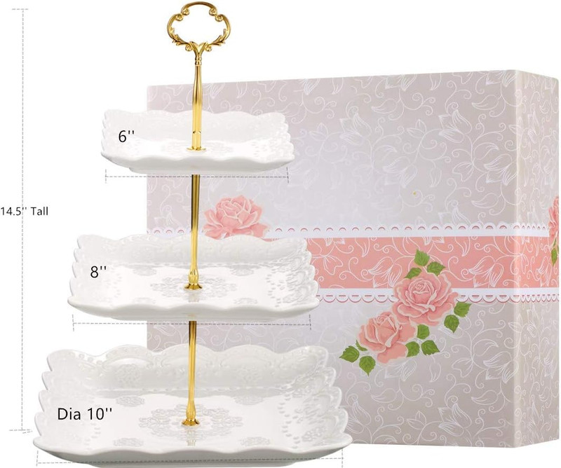 3 Tier Porcelain Cupcake Stand, Tiered Serving Cake Stand, Square White Embossed gallery