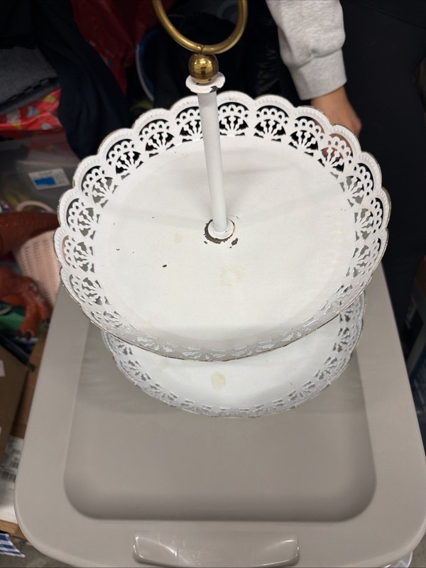 2-Tier White Metal Cake Stand with Gold Handle and Decorative Edge gallery