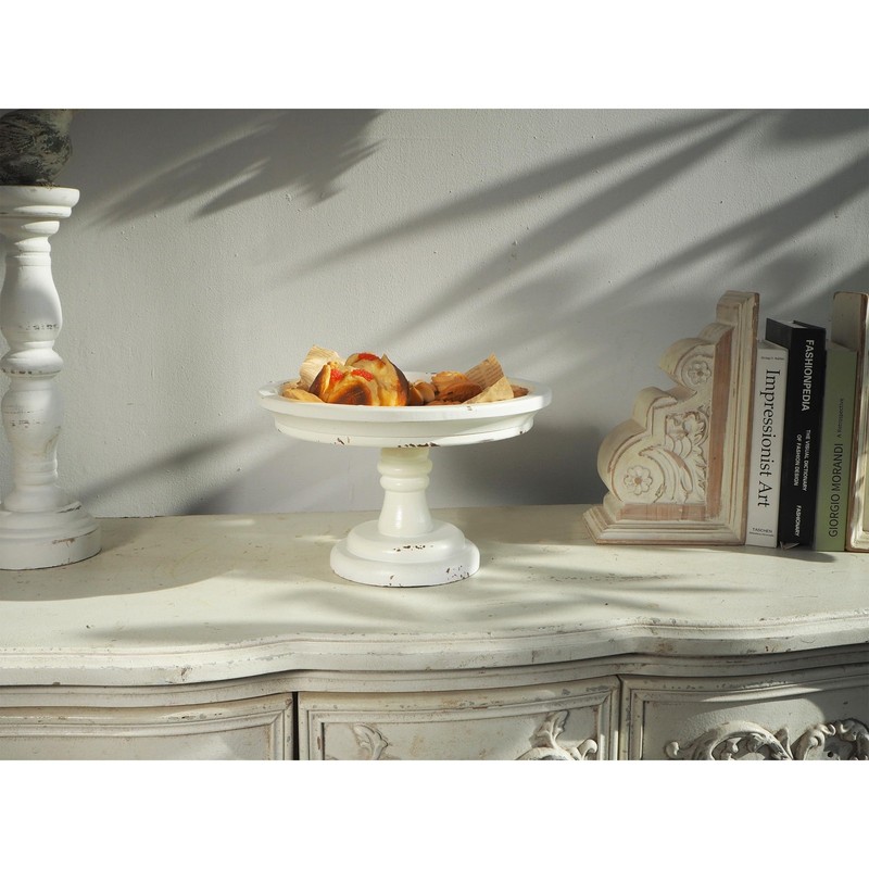 Rustic White Wood Pedestal Tray Stand for Table Decoration,Round Distressed Fini gallery