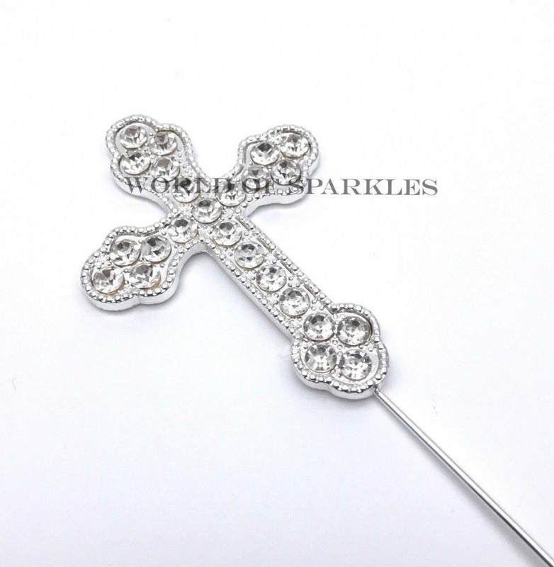 CROSS HOLY COMMUNION CHRISTENING Diamante Crystal Cake Topper Silver 8cm D3