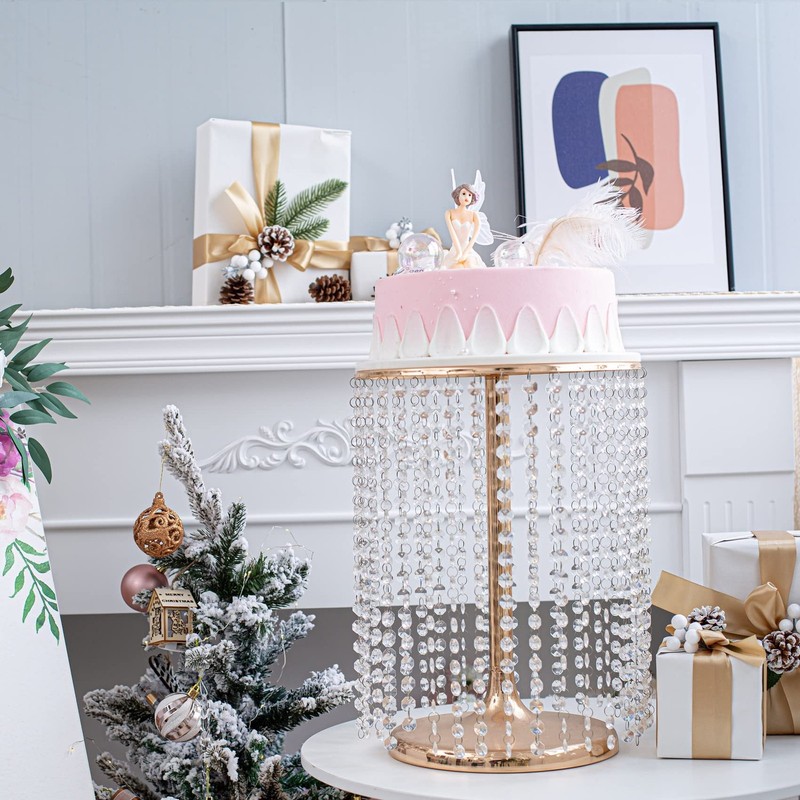 Round Metal Cake Stand with crystal pendants and beads, 12 Inch Gold Cake Decora gallery