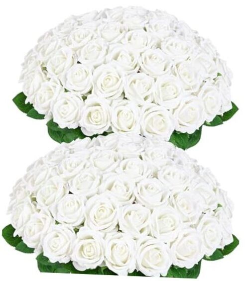 50 Pcs Roses Artificial Flowers, Real Touch Velvet Roses Bouquet 50pcs White