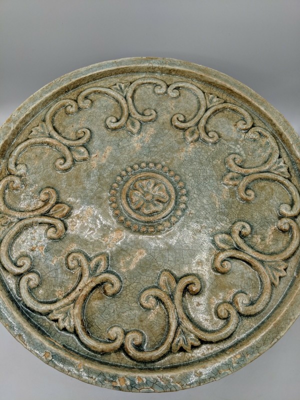 Lrge Cake Plate Stand Ceramic Privilege International 12.5" X 7" Distressed Look gallery