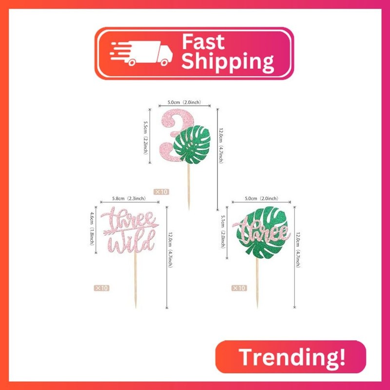 30 PCS Wild Three Palm Leaf Cupcake Toppers Glitter Monstera Leaf Three Cupcake gallery