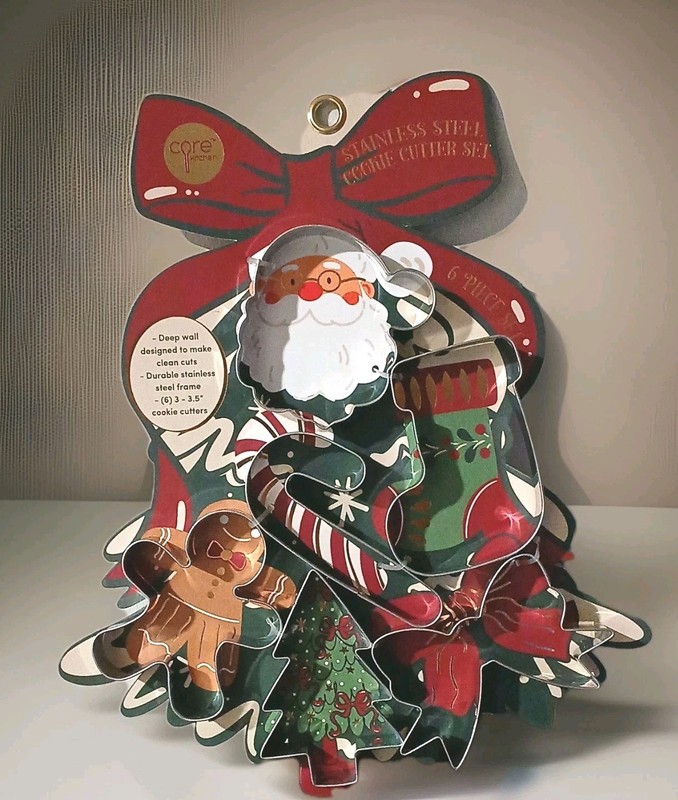 Core Kitchen Stainless Steel Christmas Cookie Cutter Set 6 Piece Santa Bow