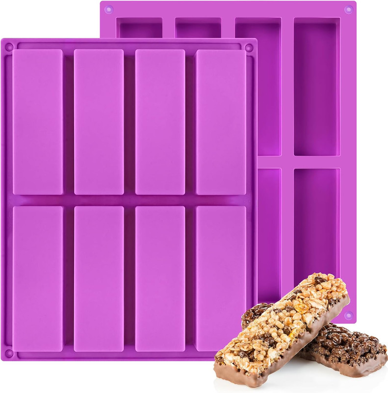 8-Cavity Silicone Candy Bar Molds, 2 Pcs Granola Bar Molds Rectangle Chocolate M