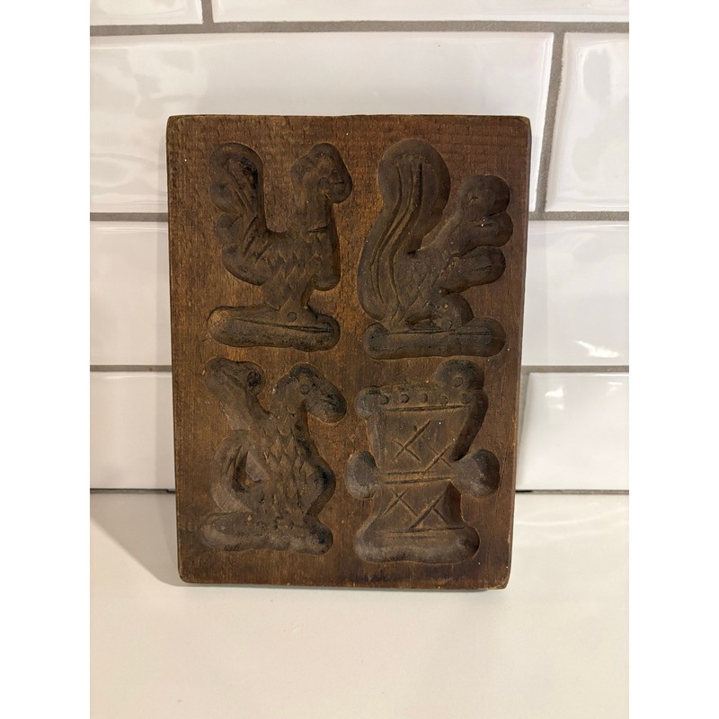 Antique Wooden Dutch German Butter Cookie Mold with Roosters gallery