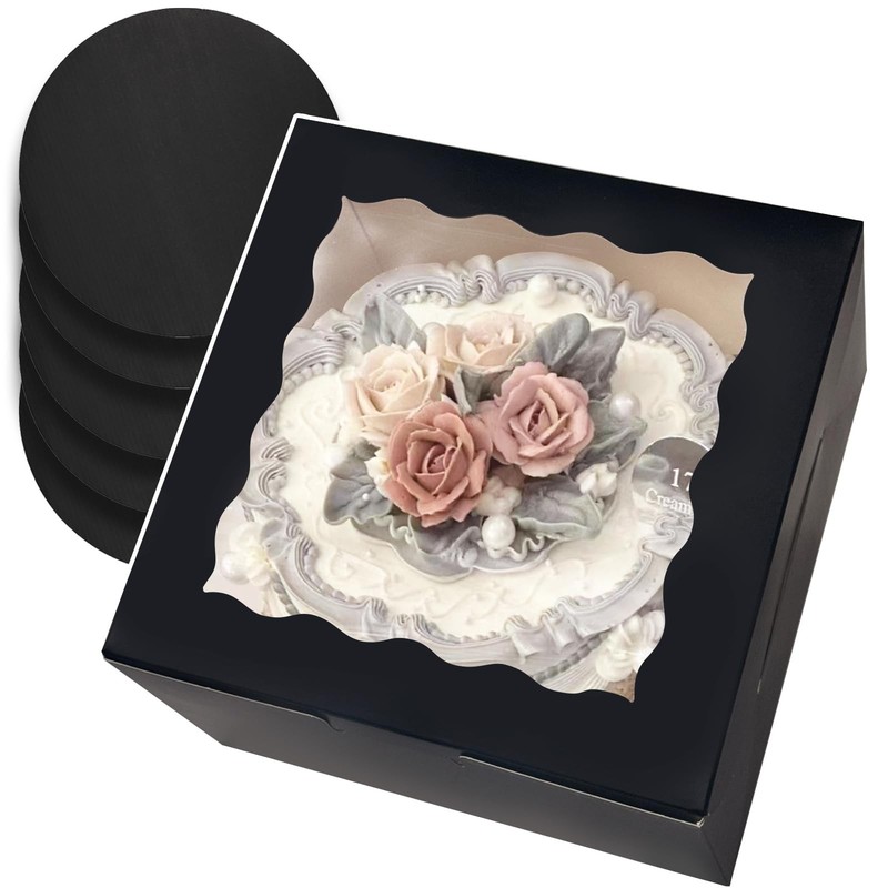 18 Sets 8x8x5 Inch Black Cake Box Window Container 8 Inch Round Boards Base