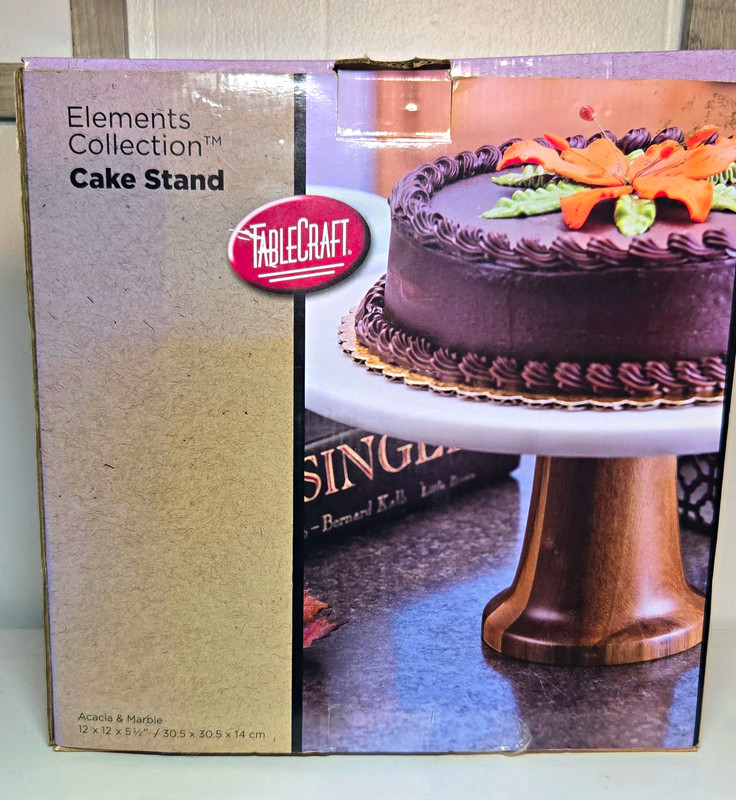 Tablecraft Elements Collection Acacia Wood & Marble 12in Round Cake Stand