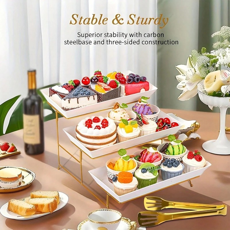 2PC 3 Tier Cake Stand Dessert Tray Set White Plates Gold Frame Foldable W Tongs gallery