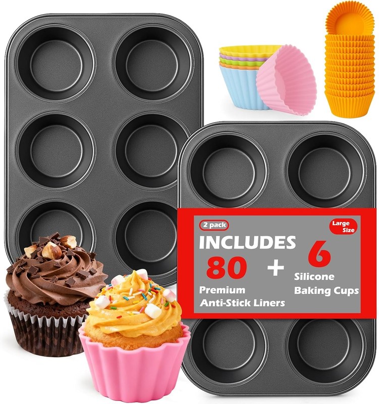 2 Packs Jumbo Muffin Pan, Premium Carbon Steel 6-Cup Cupcake Pan, with 80Pcs