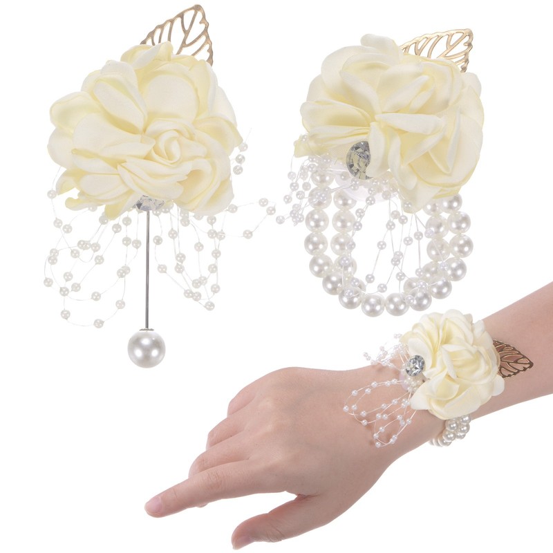 1-Set Wrist Corsage and Boutonnieres Set Wrist Corsage Set[Cream White]