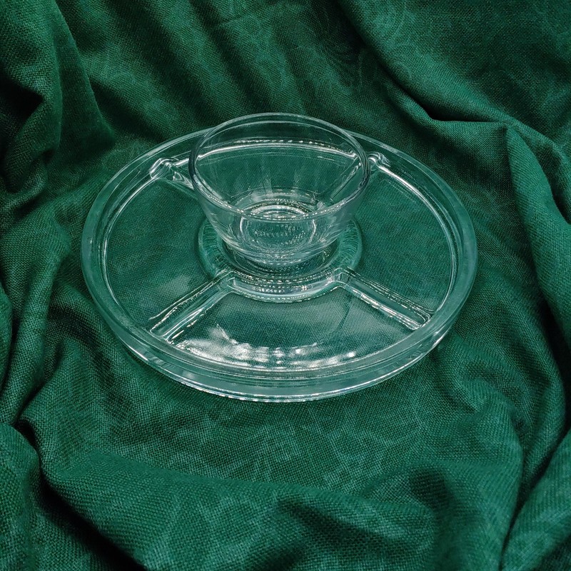 Clear Glass Relish Tray Chip and Dip Bowl Converts to Cake Stand-11 inch Vintage gallery