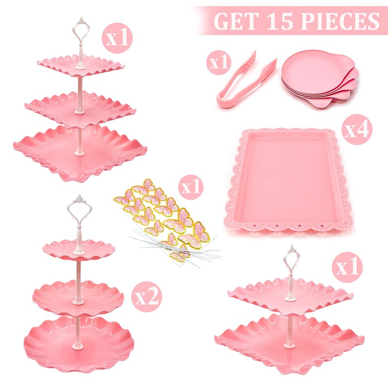 15 PCS Dessert Table Display Set Pink Cupcake Stand,3 Tiered Tray Stand Cup C... gallery