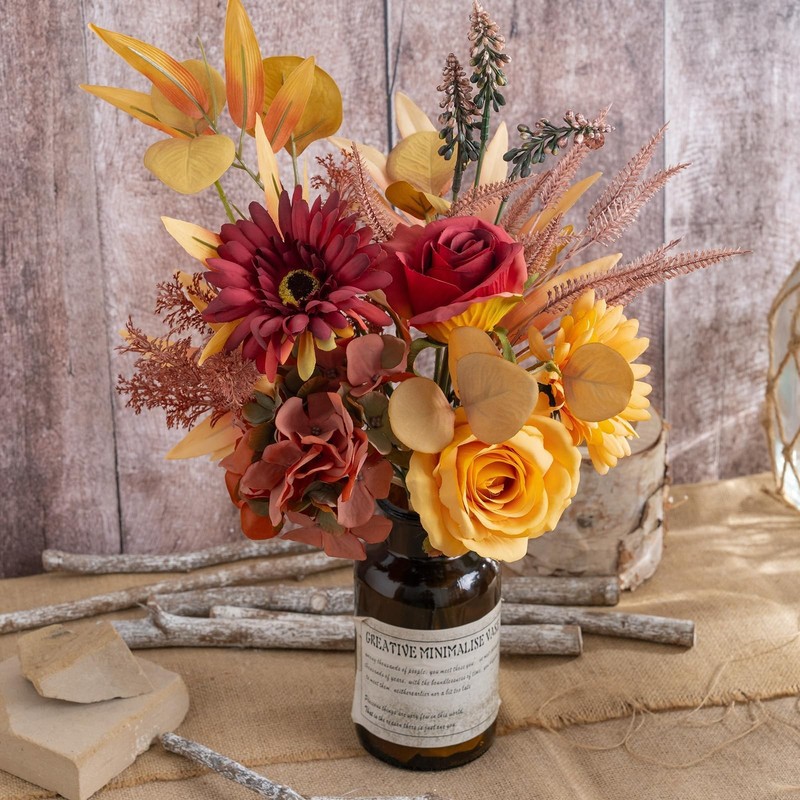Peauley Fake Silk Flowers Bouquet Faux Centerpieces Roses Gerberas Hydrangea gallery