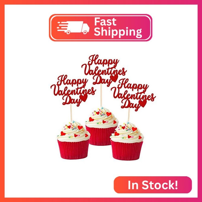 24 PCS Happy Valentine’s Day Cupcake Toppers Glitter Sweet Love Be Mine Valentin