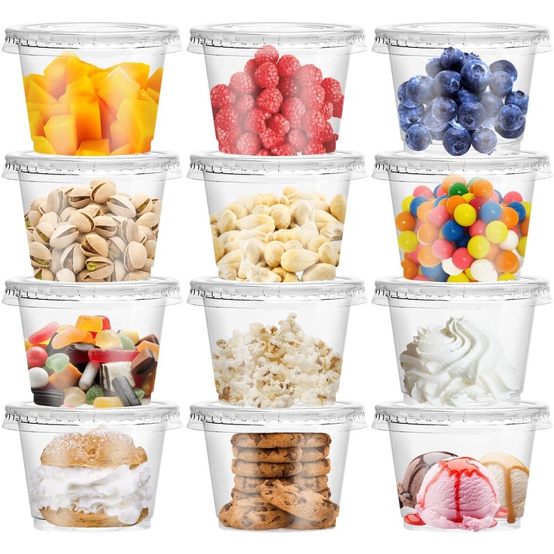 Qinsihwn 50 Pack 8 OZ Disposable Plastic Cups with Lids,Clear Portion Cups wi…