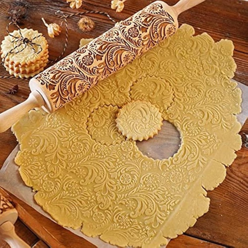 Embossed Wooden Rolling Pin, Embossing Rolling Pin for Baking Fondant, Pizza,…