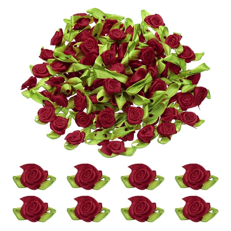 100 Pcs Mini Ribbon Roses Flowers Bows for Crafts, 15mm/0.6" Dia, Wine Red
